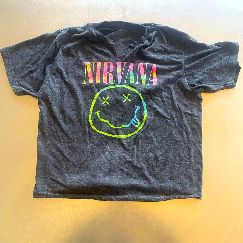 Nirvana Crooked Smile Tie dye Short Sleeve T-Shirt Relaxed Modified Neckline XL